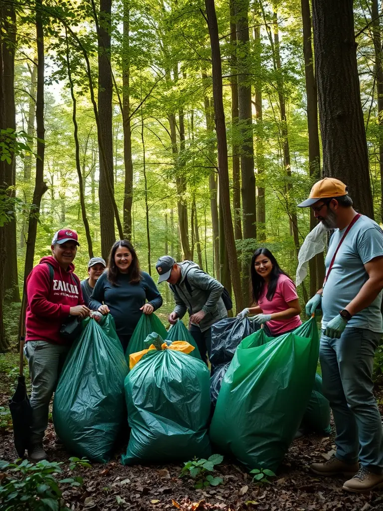 A photograph of association members cleaning up a local forest area, demonstrating their dedication to preserving natural habitats.