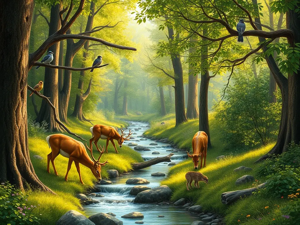 A scenic image of a lush forest with wildlife such as deer and birds, illustrating healthy ecosystems and conservation efforts.