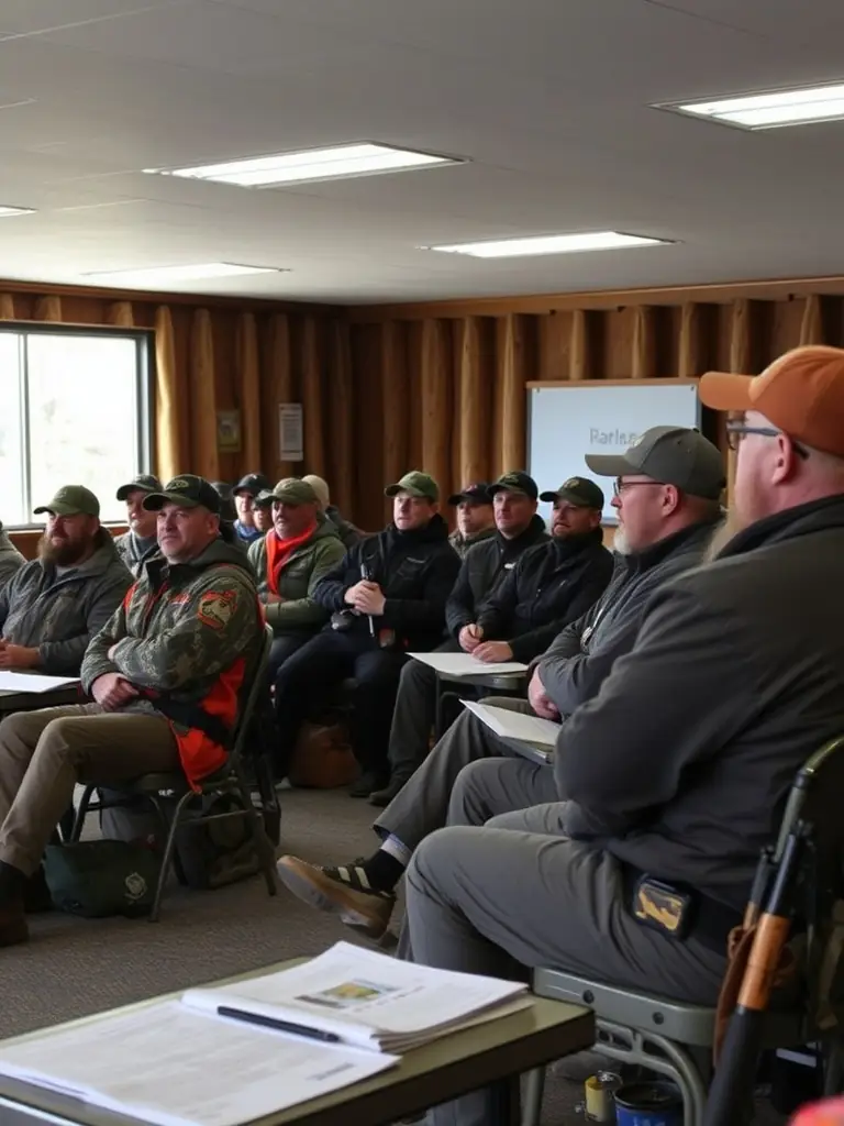 A photograph of a group of hunters attending an educational workshop on ethical hunting practices, highlighting the association's commitment to responsible hunting.