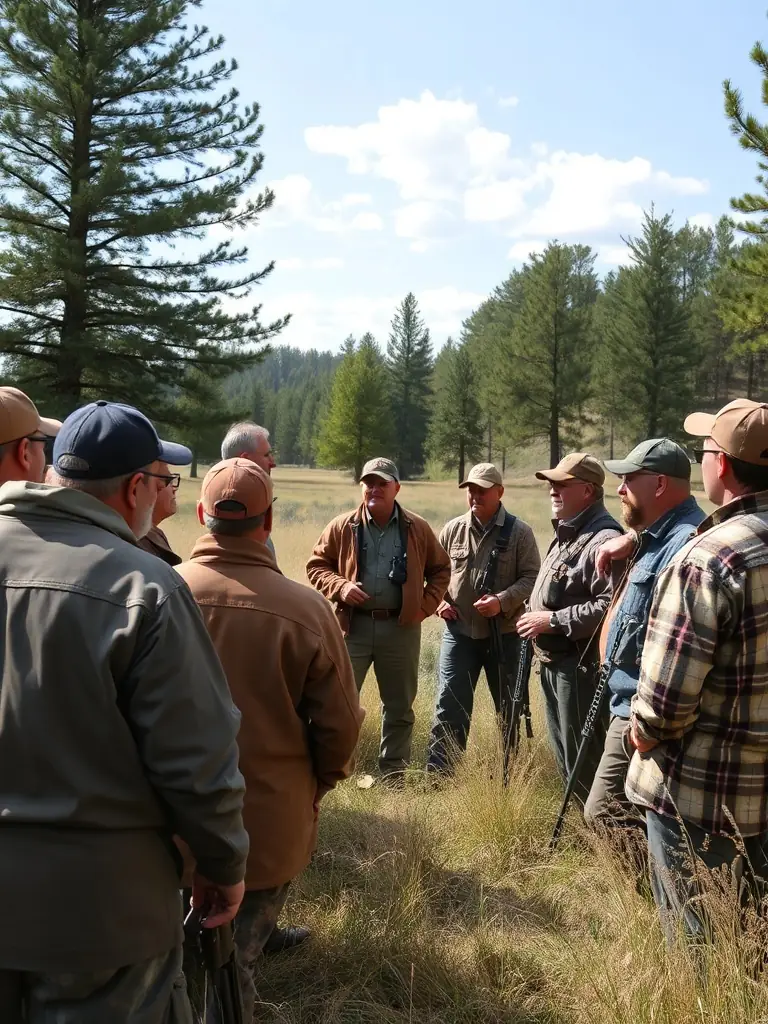 A photograph of a group of hunters attending an educational workshop on ethical hunting practices, led by an expert from ASSOCIATION COMMUNALE DE CHASSE AGREEE D'APCHON. The image should convey a sense of learning and responsibility.