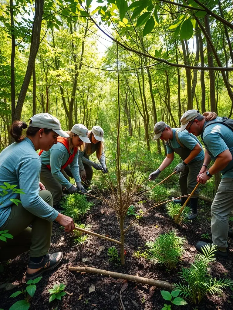 A photograph showing volunteers planting native trees as part of a habitat restoration project organized by ASSOCIATION COMMUNALE DE CHASSE AGREEE D'APCHON. The image should highlight the positive impact on the environment.