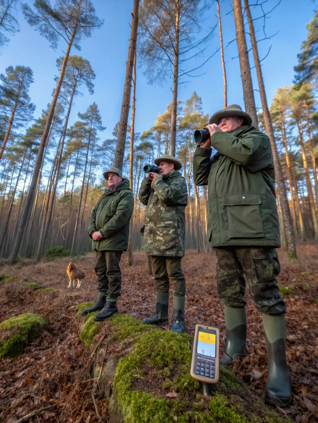 A photograph depicting members of ASSOCIATION COMMUNALE DE CHASSE AGREEE D'APCHON participating in a wildlife census, counting deer in a forest clearing. The image should convey a sense of scientific rigor and dedication to wildlife management.