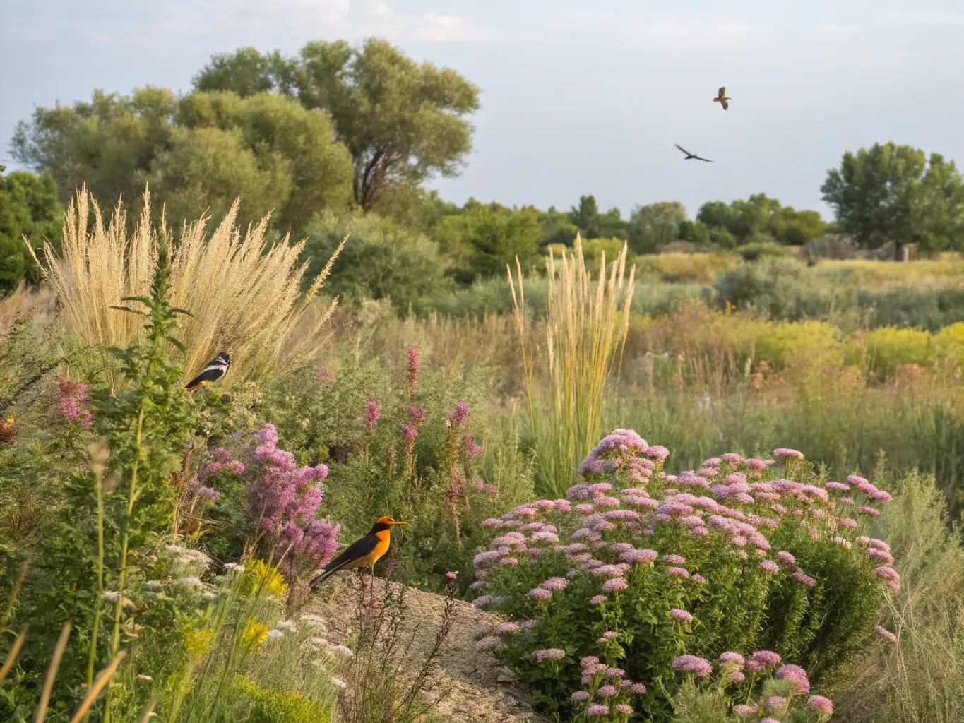 A before-and-after image of a restored natural habitat with thriving native plants and wildlife.